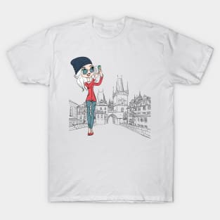 Cute girl makes selfie in Prague T-Shirt